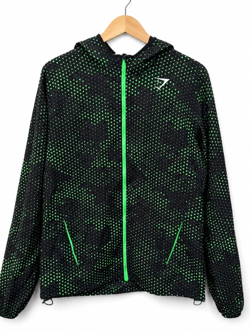 Gymshark Apex‎ Performance Lightweight Windbreaker Jacket Hooded Black Green M